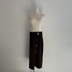Zara Basic Brown Suede Midi Skirt with Belt & Button Front | Women’s Size Medium